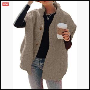 Oversized Sherpa Vest Casual Warm Fleece Button Down Jacket with Pockets